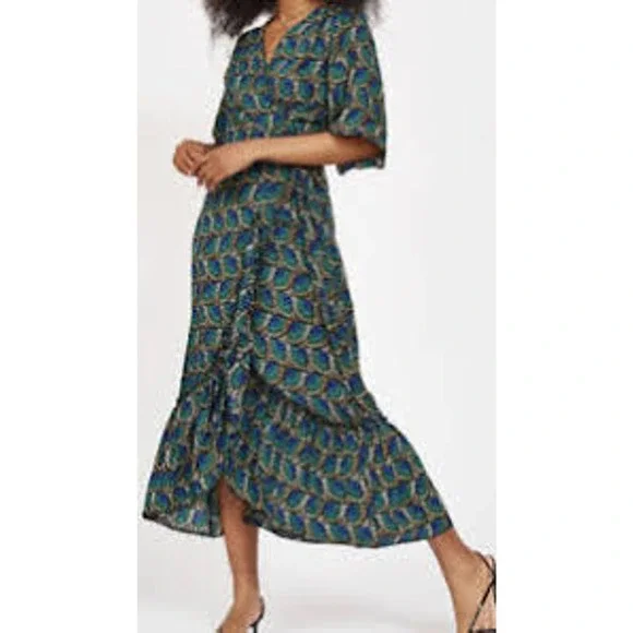 Silk & Salt Journey Maxi Wrap Dress African Peacock Print Green Blue NEW Medium - Picture 1 of 12